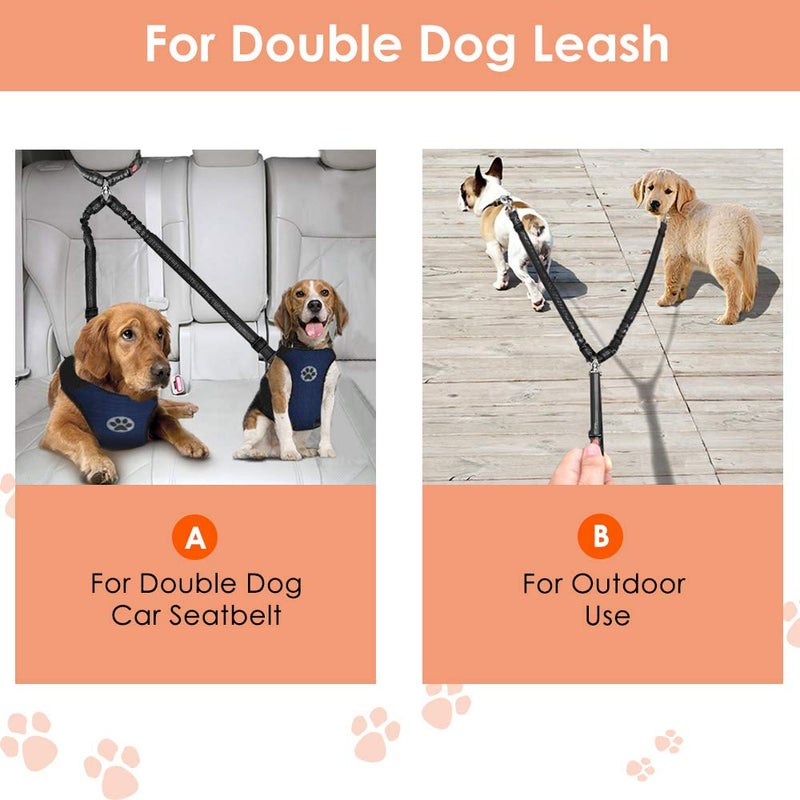 AUTOWT Double Dog Seat Belt, New Dual Pet Car Headrest Restraint Safety Seatbelt No Tangle Dog Leash Duty Adjust Elastic Bungee Puppy Lead Splitter Connect Harness in Vehicle Travel for 2 Dogs - Image 4